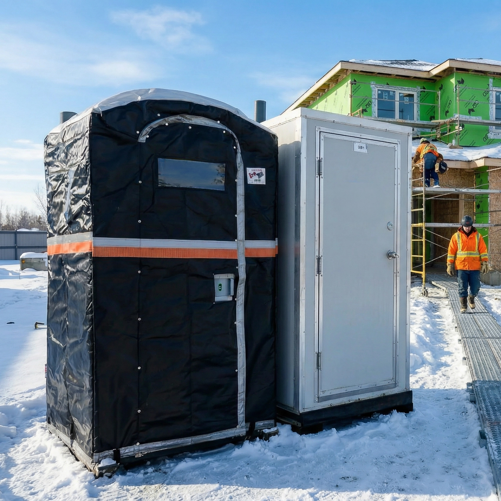 Heated winter portable toilet on an Alberta job site